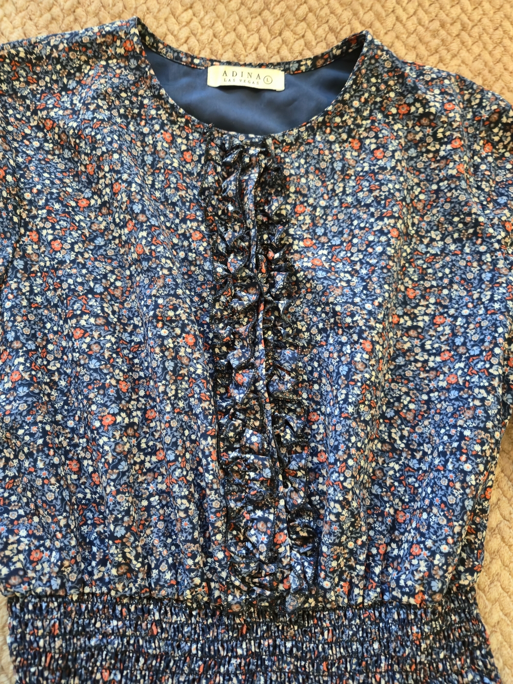 Adina Las Vegas Blue Floral Cottagecore Prairie Smocked Ruffle Midi Dress L - Picture 5 of 15